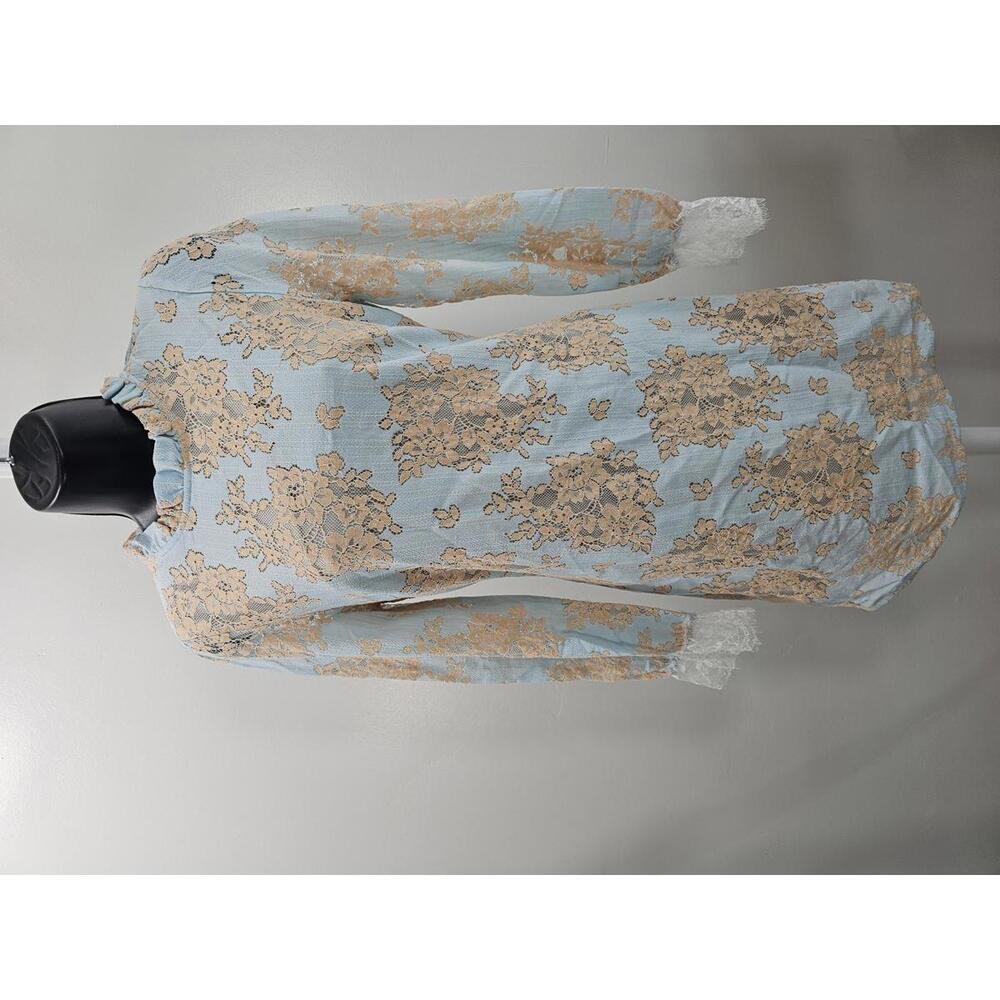 Allegra K  Light Blue Dress with Beige Lace Floral Overlay and Lace Cuffs